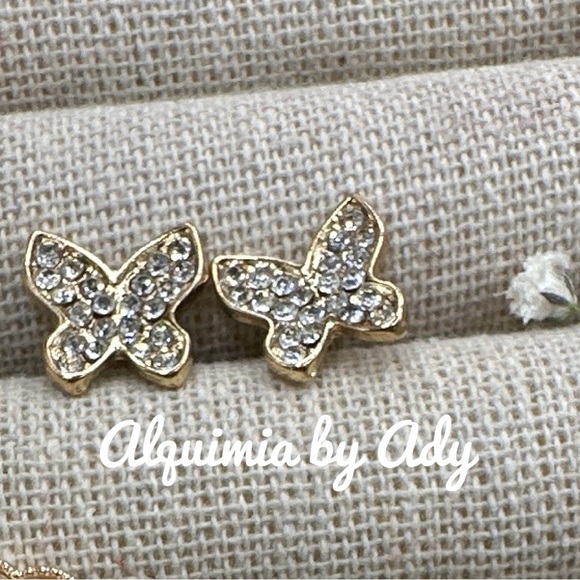 Lux Gold zirconia pave diamond style stud earrings butterfly - Picture 1 of 4